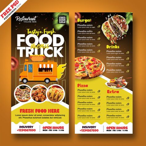 Premium Food Truck Menu PSD Template – PSDFreebies.com Food Truck Menu Pricing, Food Truck Flyer Ideas, Food Truck Menu Design, Food Truck Design Graphics, Food Truck Social Media, Food Truck Poster, Food Truck Template, Food Truck Menu Ideas, Food Truck Restaurant