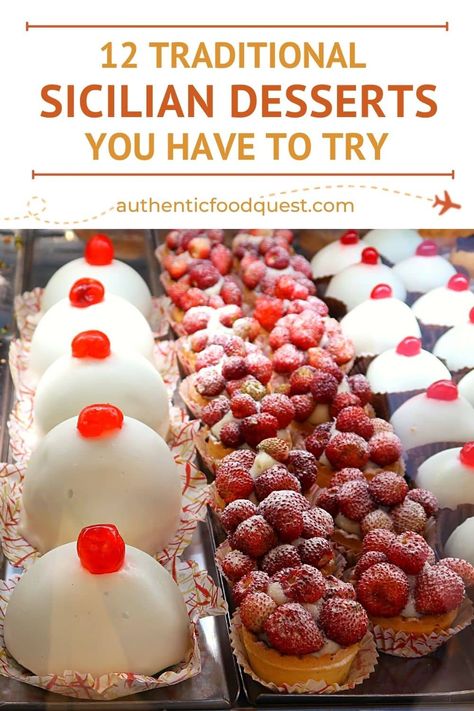 There's nothing quite like Sicilian desserts. From cassata to cannoli, these traditional sweets will transport you to the sunny island. Here are some of our favorite Sicilian desserts, each with their own unique flavor profile. Indulge in a sweet taste of Sicily! | Authentic Food Quest. Sicilian Recipes Desserts, Sicilian Food Recipes, Sicilian Cake, Italian Fruit Desserts, Savoury Desserts, Sicilian Dessert Recipes, Italian Summer Desserts, Classic Italian Desserts, Trending Desserts 2024