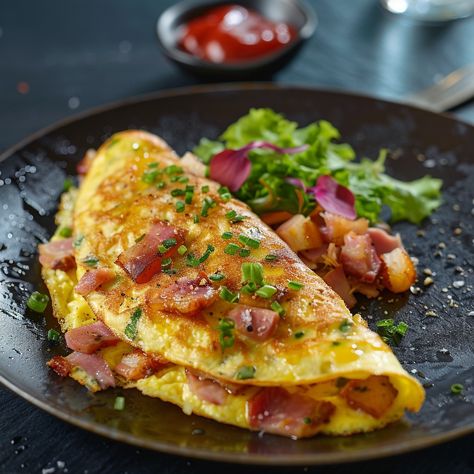 Recipe for Gourmet Omelette with Bacon and Ham Ingredients: 4 large eggs 1/4 cup milk or cream Salt and black pepper to taste 2 tablespoons butter 1/2 cup cooked bacon, chopped 1/2 cup cooked ham, diced 1/4 cup grated cheese (cheddar, Gruyere, or your favorite) 2 tablespoons fresh chives, chopped Fresh parsley, chopped (for garnish) Mixed greens (for serving, optional) Instructions: Prepare the Egg Mixture: In a medium bowl, whisk together the eggs, milk or cream, salt, and black pepper unti... Bacon Omelette Recipe, Bacon And Cheese Omelette, Healthy Eggs Recipes, Egg Dish Recipes, Yummy Egg Breakfast Ideas, Omlete Recipe Omelettes, Gourmet Omelette, Egg Omlet, Healthy Bacon Recipes