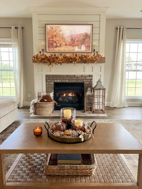 Check out this photo from ourwintonhome Amas Veritas, Fall Fireplace Decor, Cozy Colors, Muted Orange, Fall Fireplace, Fall Coffee Table, Fall Living Room, Fall Decor Inspiration, Fall Garland