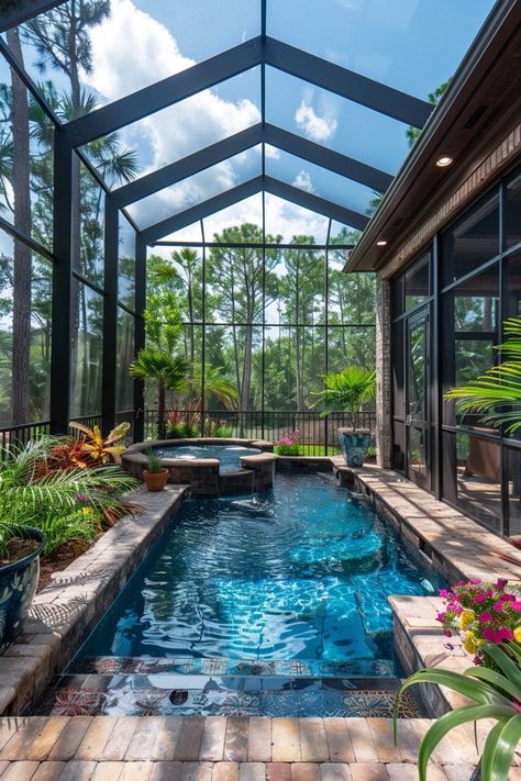 Screened in Pool Ideas for Your Backyard Oasis Lagoon Style Pool Backyards, Swimming Pool Inspiration, Pool Enclosure Landscaping, Sunroom Pool Ideas, Pool Covering Ideas, Pool Spillway Ideas, Pool Home Ideas, Rock Pools Backyard, Pond Pools Backyard