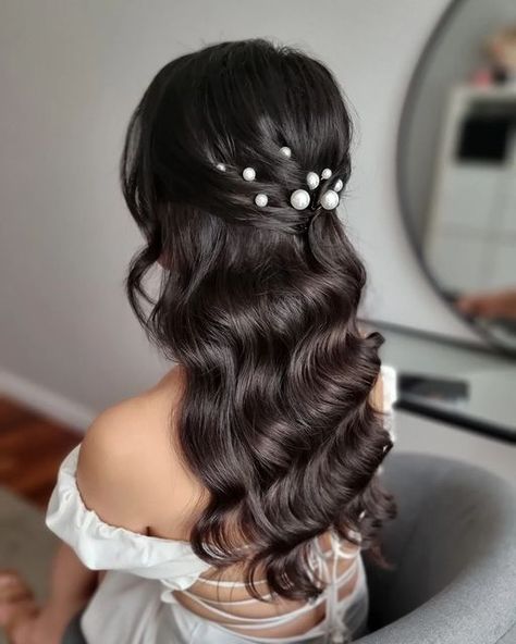 Hollywood Glam Wedding Hair Half Up, Hollywood Wave Half Up Half Down, Bridal Hair Half Up Hollywood Waves, Half Updo Bridal Hair, Half Up Glam Waves, Half Up Half Down Wedding Hair Asian, Glam Waves Half Up Half Down, Glam Bridal Hair Half Up, Hollywood Waves Half Up