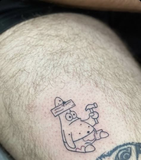 Small Funny Tattoos For Men, Funny Spongebob Tattoo, Funny Small Tattoos For Guys, Small Spongebob Tattoo, Small Tattoos Funny, Simple Funny Tattoos, Doodle Bob Tattoo, Matching Spongebob Tattoos, Cartoon Network Tattoo Ideas