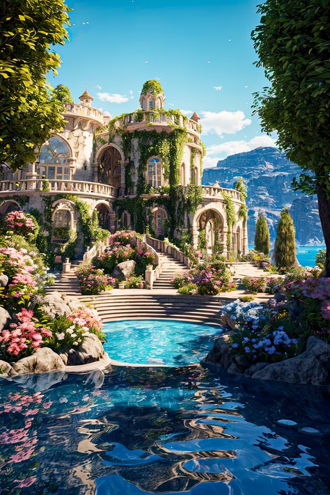 Below, waves kiss the shore with grace, while the mansion stands as a masterpiece of elegance. iamSentient_ Created in Midjourney & Stablediffusion #digitalart #digitalartwork #aiart #fantasyart #wallpaper #landscapes #midjourney #midjourneyart #stablediffusion #scenaries #landscapes #sunset #mansion #oceanview #dreamscapes #beautiful #videogameconcepts #videogamesettings #photorealistic #pool Ancient Rome Aesthetic, Landscapes Sunset, Smelling Good, The Mansion, Flight Attendants, Fantasy House, Fantasy Castle, Fantasy City, Fantasy Places