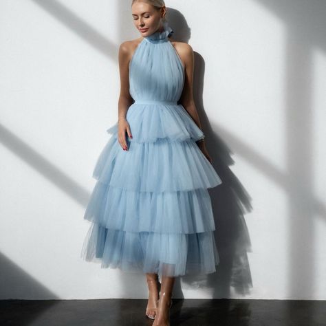 Halter Ball Gown, Backless Ball Gown, Layered Tulle Dress, Ruffle Tulle Dress, Tulle Sleeves, Halter Gown, Ruffles Fashion, Evening Dress Fashion, Elegant Dresses For Women