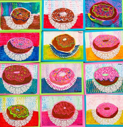 donut paintings by fourth grade Square 1 Art, Donut Art, Cassie Stephens, 2nd Grade Art, 4th Grade Art, 5th Grade Art, 3rd Grade Art, Pastel Sec, Elementary Art Projects