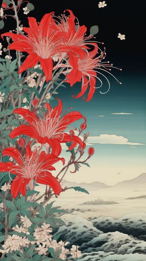 Traditional japanese wood block print illustration of isolated red spider lily againts night sky flower plant fragility. | premium image by rawpixel.com / Ling Spider Lily Painting, Red Spider Lily Aesthetic, Spider Lily Art, Red Spider Lily Wallpaper, Plant Aesthetic Wallpaper, Japanese Illustration Art, Spider Lily Wallpaper, Japanese Spider Lily, Lily Flower Illustration