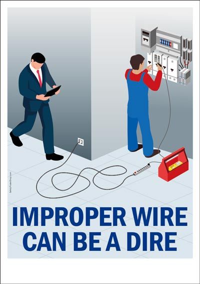 Improper-Wire Electrical Safety Poster Drawing, Safety Drawing, Workshop Safety Poster, Safety Toolbox Talks, Safety In Workplace Poster, Industrial Safety Signs And Symbols, Warehouse Safety Posters, Material Handling Safety Posters, Workplace Safety Slogans