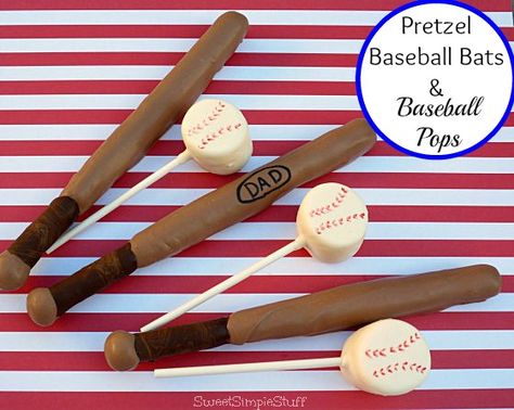 Marshmallow Balls, Baseball Treats, Baseball Snacks, Chocolate Covered Pretzel, Baseball Theme Party, Baseball Birthday Party, Baseball Bats, Edible Crafts, Baseball Party