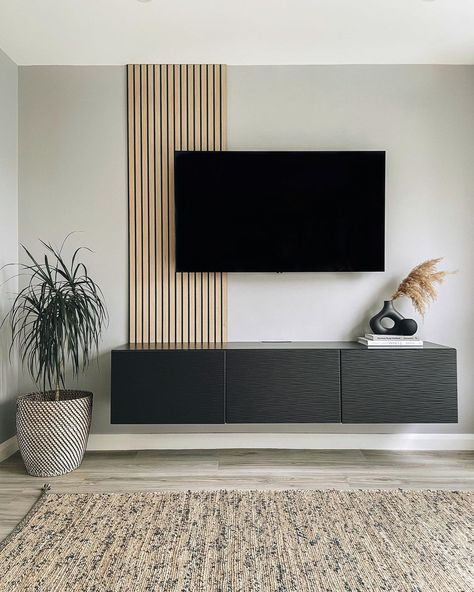 Alina | Home interiors on Instagram: “The TV wall is finished! ✨ Love how our new wood wall panel compliments the makeover of this area 🖤 . . . . . . #woodwall #acupanel…” Living Room Designs Small, Feature Wall Living Room, Apartment Living Room Design, تصميم للمنزل العصري, Small Living Room Ideas, Living Room Living Room, Living Room Design Decor, Home Design Living Room, Hus Inspiration