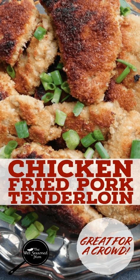 Chicken Fried Pork Tenderloin is a tasty take on a southern fried dinner. Made with pork tenderloin, this is tender and crispy served with a light sauce! #porktenderloin #gravy #crispychicken Homemade Pork Tenderloins Breaded, Breaded Pork Tenderloin Medallions, Pecan Crusted Pork Tenderloin, Fried Pork Tenderloin Recipes, Chicken Fried Pork, Pork Tenderloin Sides, Best Pork Tenderloin Recipe, Breaded Pork Tenderloin, Turkey Tenderloin Recipes