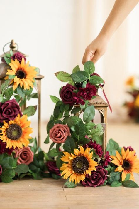 Lantern Floral Arrangements (Set of 6) - Sunflower & Burgundy Lantern Floral Arrangements, Fall Sunflower Weddings, Sunflower Wedding Centerpieces, Lantern Flowers, Lanterns With Flowers, Green Wedding Decorations, Romantic Centerpieces, Sunflower Wedding Decorations, Centerpieces Floral