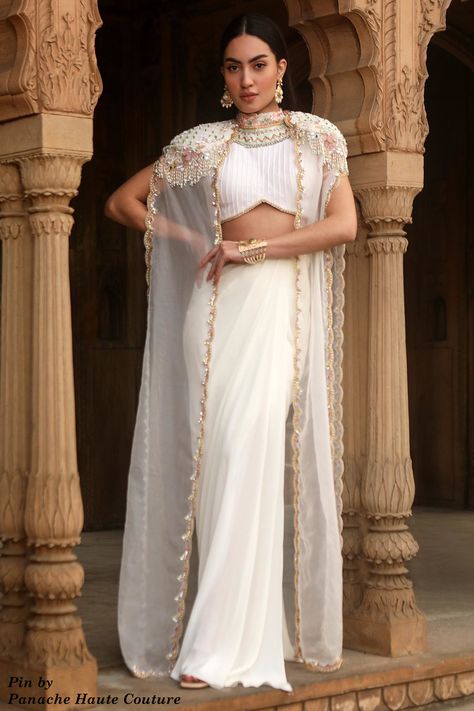 Ivory Color Designer Saree Indowestern Outfits Women, Cape Dress Indian, Dhoti Dress, Hem Embroidery, Online Wedding Dress Shopping, Indian Wedding Dresses, Sheer Cape, Diwali Outfits, Scallop Border