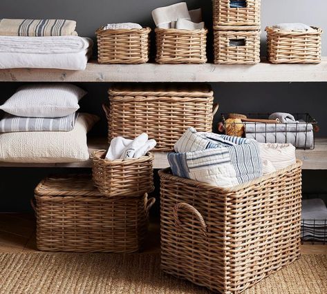 Aubrey Woven Oversized Rectangle Basket, Natural | Pottery Barn CA Rectangle Basket, Laundry Room Storage Shelves, Small Laundry Room Organization, Room Storage Diy, Small Storage Basket, Apartment Storage, Lidded Baskets, Small Laundry, Laundry Room Storage