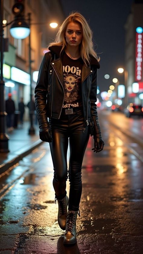 Outfits To Rock Concert, Leather Pants Outfit Edgy, Edgy Esthetics, Edgy Unique Outfits, Punk Rock Women Outfits, 80s Fashion For Women Rock, Edgy Glam Style, Girl Rockstar Outfit, Rockstar Outfits For Women