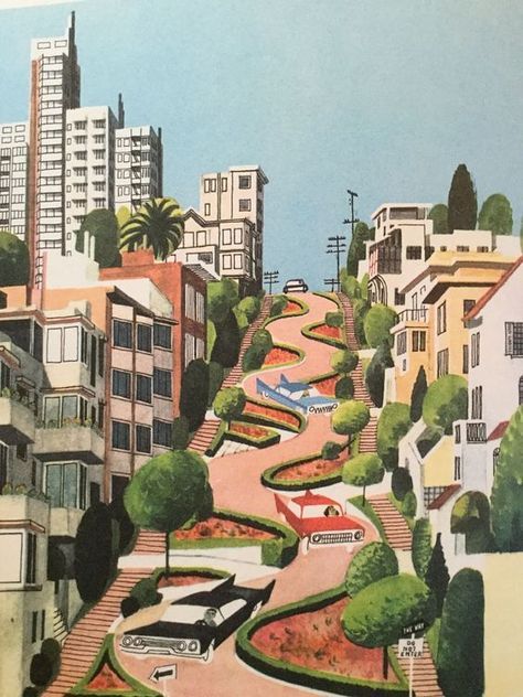 Illustration Kunst, Lombard Street, San Francisco Art, 강아지 그림, City Landscape, Landscape Illustration, Art Collage Wall, Art And Illustration, Colorful Drawings