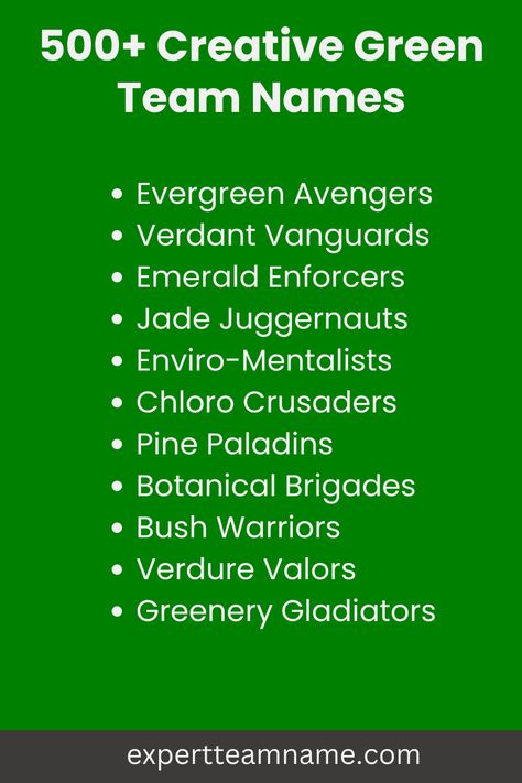 When it comes to picking a team name, green is the color of nature, renewal, and environmental awareness. A green team name can represent eco-friendly values or simply evoke feelings of life, growth, and sustainable energy. Beer Olympics Teams, Beer Olympic, Green Name, Green Companies, Cool Green, Mean Green, Red Team, Environmental Awareness, Olympic Team