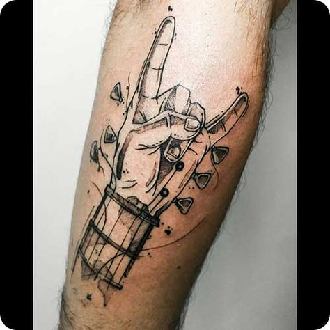 100+ Amazing Guitar Tattoo Ideas To Inspire Your Next Design Patchwork Music Tattoo, Rock Roll Tattoo Ideas, Guitar Pick Tattoo Memorial, 502 Tattoo, Metal Band Tattoos Ideas, Live Music Tattoo, Rock Guitar Tattoo, Music Tattoo Guitar, Metal Music Tattoo Ideas