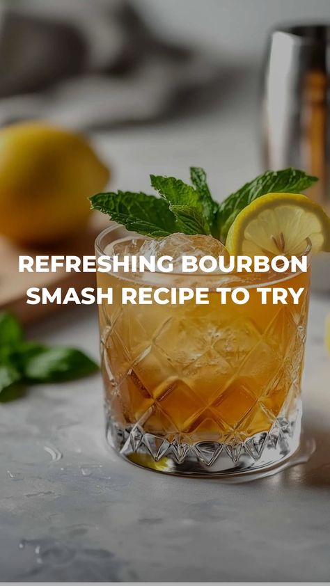 Looking to add a festive touch to your fall celebrations? Try this delicious Bourbon Smash recipe! This refreshing cocktail combines the rich flavors of bourbon with the sweetness of fresh fruits, making it the perfect drink for autumn gatherings. Whether you're hosting a cozy night in or just looking to relax after a long day, this fall cocktail is sure to impress your guests. Give it a try and savor the taste of the season with every sip! Bourbon Smash Cocktail Recipes, Pool Party Cocktails, Bourbon Smash Cocktail, Cocktail Party Drinks, Bourbon Smash, Party Food Bar, Bourbon Recipes, Whiskey Recipes, Spicy Appetizers