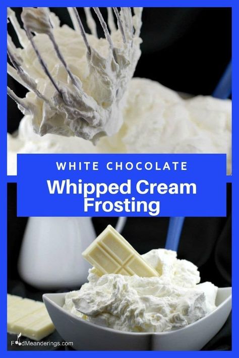 This 2 ingredient whipped cream frosting (ganache) is made with only 2 ingredients - whipping cream and white chocolate. It's a nice, light icing that's the perfect match for any cake or cupcake! #whitechocolate #whippedcream #icing #frosting #cakefrosting #ganache #frostingrecipes White Chocolate Whipped Cream Frosting, Whipped White Chocolate Frosting, Whipped White Chocolate Ganache Frosting, White Chocolate Whipped Cream, Whipped White Chocolate Ganache, Chocolate Whipped Cream Frosting, White Chocolate Cream, White Chocolate Frosting, Whipped Ganache