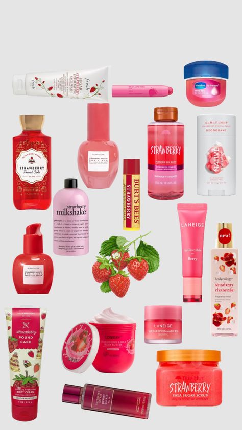 #strawberry Smell Like Strawberries And Vanilla, Strawberry Skincare, You Smell Like Strawberries, Skin Care Strawberry, Strawberry Self Care Products, Products To Smell Like Strawberry, Strawberry Skincare Products, Strawberry Scented Products, Strawberry Cosmetics