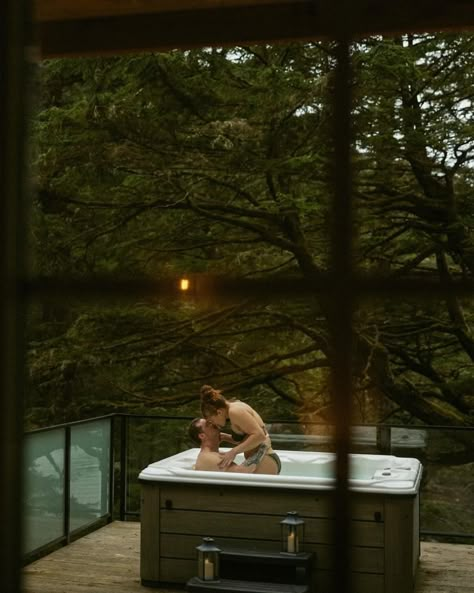 I told you part 2 would be good 🔥 New favourite date idea- book the coziest, most beautiful cabin with a hot tub and make some memories with the love of your life… oh and document it of course 📸 @remma_g11 and @trever_24 absolutely nailed their session 🤍🌱 #tofino #ucueletbc #tofinophotographer #nanaimophotographer #emotionsurfers #dirtybootsandmessyhair #bcphotographer Cabin Romance Aesthetic, Hot Tub Vibes, Hot Tub Photoshoot Ideas Couples, Hot Tub Aesthetic Couple, Hot Tub Couple Pics, Cozy Relationship, Hot Tub Aesthetic, Autumn Goals, Romantic Cabin Getaway