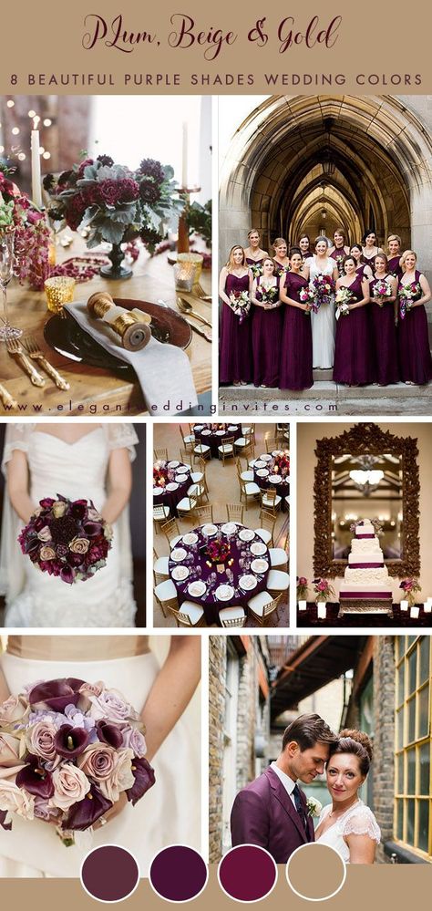 plum,beige and gold vintage wedding color inspiration #weddingcolors #ElegantWeddingInvites Plum Wedding Palette, Champagne Purple Wedding, Mulberry And Gold Wedding, Plum Black And Gold Wedding, Plum And Ivory Wedding, Deep Purple And Rose Gold Wedding, Plum White And Gold Wedding, Plum And Champagne Wedding, Plum And Sage Green Wedding