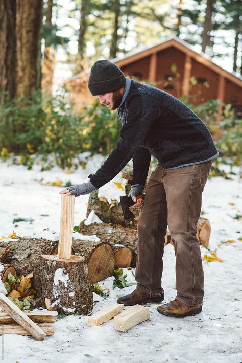 Man chopping wood outside a cabin in the snow by Kate Daigneault for Stocksy United Man Chopping Wood, Cabin In The Snow, Chopping Wood, Wood Carver, A Cabin, Cabin Life, Mountain Backpack, Bradley Mountain, I Fall