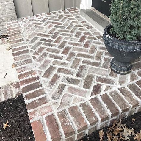 Herringbone, reclaimed brick pavers - Mindfully Gray Blog Mindfully Gray, Herringbone Brick, Brick Sidewalk, House Brick, Brick Porch, White Front Door, Brick Steps, Brick Walkway, Reclaimed Brick