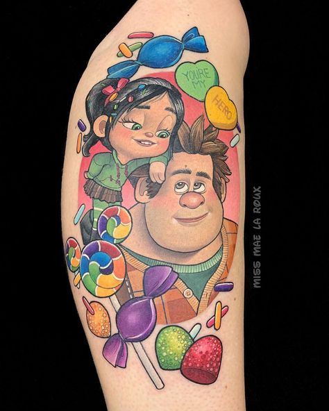 Mae La Roux on Instagram: “You’re my hero 💜🏅🎮 🍭 #wreckitralph #wreckitralphtattoo #vanellopevonschweetz #candycrush #candy #candytattoo #lollipop #gumdrop #sprinkles…” Wreck It Ralph Tattoo, Candy Tattoo, Vanellope Von Schweetz, Gum Drops, Wreck It Ralph, Disney Tattoos, My Hero, Lollipop, Portrait Tattoo