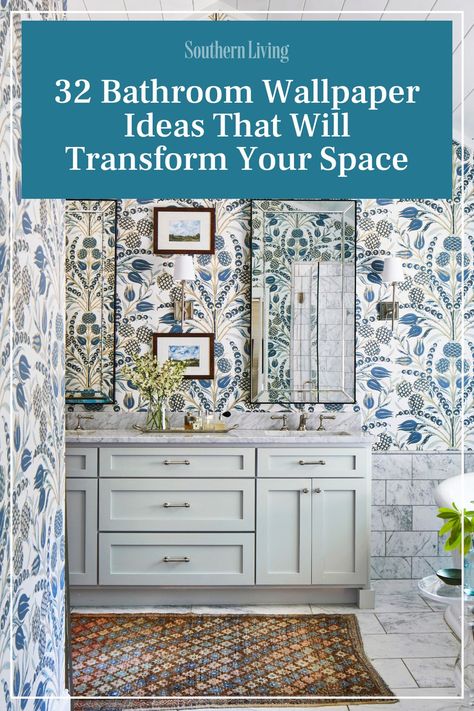 Wallpaper is a classic way to add character to smaller rooms. Before you begin, consider the moisture in your bathroom because it could warp the wallpaper over time. Half-baths are great for wallpaper because they don't have a shower, as are ensuite bathrooms in guest rooms that are used less often. #bathroomdesign #wallpaper #southernhome #smallspaces #classicstyle Bathroom Wallpaper Midcentury Modern, Wallpaper For Small Bath, Powder Room Wallpaper With Wainscoting, Framed Wallpaper Panels Bathroom, Tiny Powder Room Wallpaper, Wallpaper In Master Bath, Wallpapered Half Bathroom, Master Bath With Wallpaper, Wallpaper Behind Vanity Bathroom