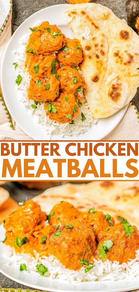 Butter Chicken Meatballs, Ground Chicken Meatballs, Easy Meatballs, Butter Chicken Sauce, Indian Dinner Recipes, Chicken Mince, Chicken Meatball Recipes, Averie Cooks, Indian Butter Chicken