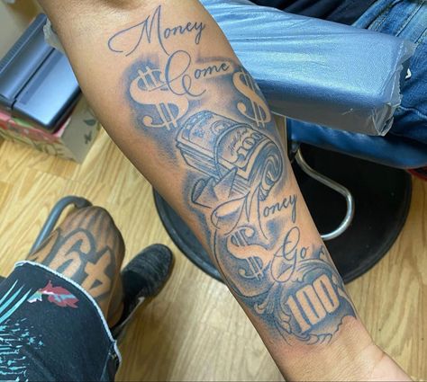 Face Tattoo Above Eyebrow Men, Stay Humble Hustle Hard Tattoo Men, Hood Arm Tattoos Men, Money Tattoos Women, Hood Tattoos For Men Arm, Thug Tattoos Men, Money Sleeve Tattoos, Get Rich Or Die Trying Tattoo, Black Men Tattoos Ideas Arm