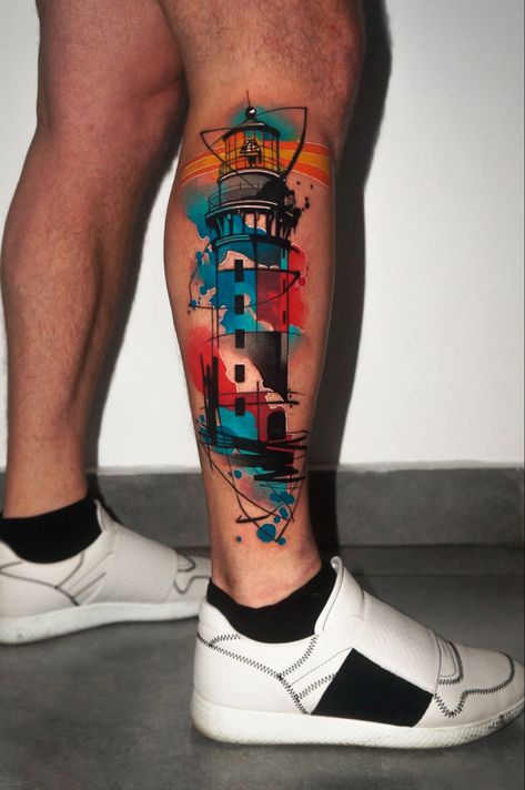 Men Color Tattoo, Lighthouse Tattoo Meaning, Leg Tattoos For Men, Tattoo Fixes, Colorful Tattoo, Brush Tattoo, Lighthouse Tattoo, Tattoo Meanings, Mom Tattoo Designs