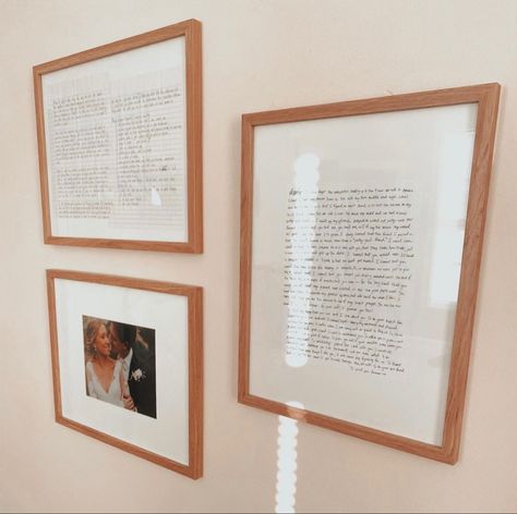 Framed Photos In Bedroom, Wedding Picture Home Decor, Wedding Vow Frame Ideas, Framed Vows Ideas, Ways To Display Wedding Photos At Home, How To Hang Wedding Photos On Wall, Wedding Photos Home Decor, Newlywed Home Decor, Wedding Photo Home Decor