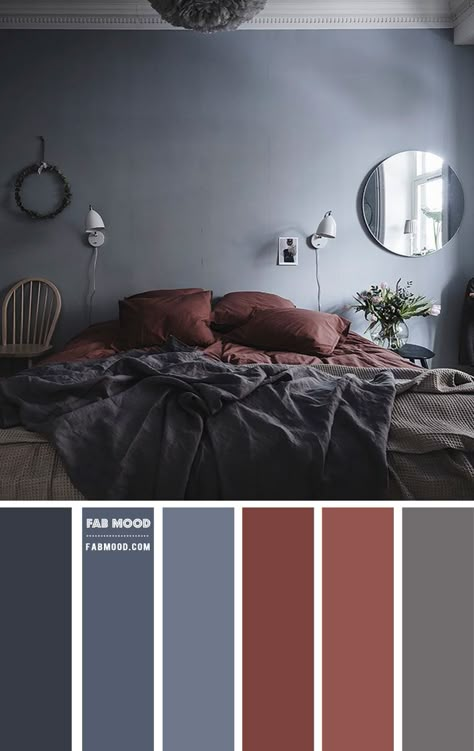 blue grey and brown red bedroom, bedroom colour, bedroom colour scheme, bedroom colour ideas Red Bedroom Colors, Blue Bedroom Colors, Blue Gray Bedroom, Simple Bed Designs, Bedroom Colour, Wedding Color Palettes, Red Bedroom, Themes Wedding, Bedroom Colour Palette