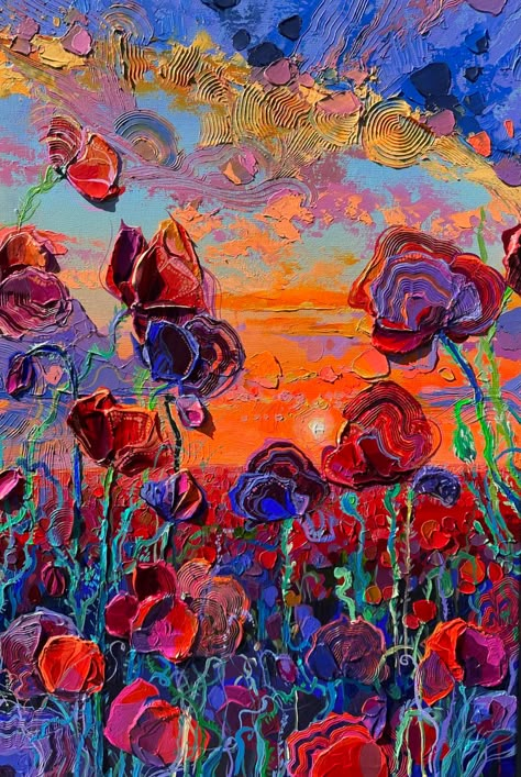 (38) I Like Yellow Now on Tumblr: Anastasia Trusova Anastasia Trusova, Poppy Flower Painting, Texture Painting Techniques, Sun Painting, Poppy Painting, Expressionist Art, Poppy Field, Acrylic Canvas, Ethereal Art