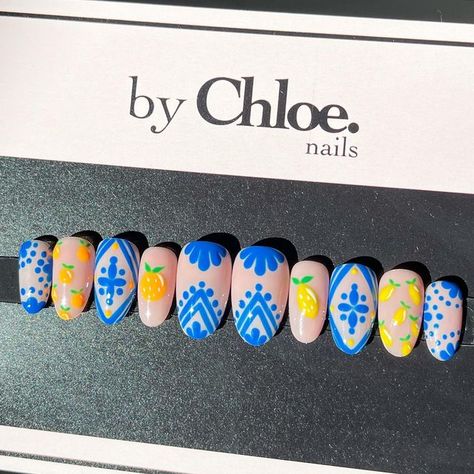 BY CHLOE NAILS| Press-On Nail Specialist & Educator on Instagram: "🍊 ANOTHER Mediterranean Summer set! So much inspiration everywhere I look here in Italy, so happy you all are asking for these sets! Are your team ORANGE 🍊 or team LEMON 🍋? DM me to start your order of @by.chloenails XOXO Chloe 🍊 #summernails #nailsofinstagram #nailsnailsnails #cutenailart #nailtrends #pressonnails #pressons #pressonnailsforsale #pressonnailset #pressonnailbusiness #gelnaildesign #luxurypressonnails #nailarti Mediterranean Nails Designs, Mediterranean Nail Designs, Italian Nails Designs Italy, Italy Nails Design, Italy Inspired Nails, Mediterranean Nails, Heart Tip Nails, Italy Nails, Nail Specialist