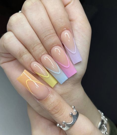 Easter Color Nail Ideas, April Nails Coffin, Easter Nail Ideas Square, Trendy Easter Nails, Easter Inspo Nails, Colorful French Tip Nails Square Long, Easter Nail Designs Square, Simple Easter Nails Acrylic, April Nails Square