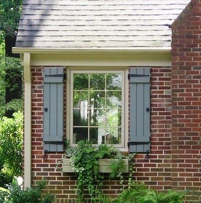 Exterior Shutters On Brick, Brick Window, Shutter Ideas, Outdoor Shutters, House Shutters, Blue Shutters, Exterior Stairs, Brick Ranch, Pintura Exterior