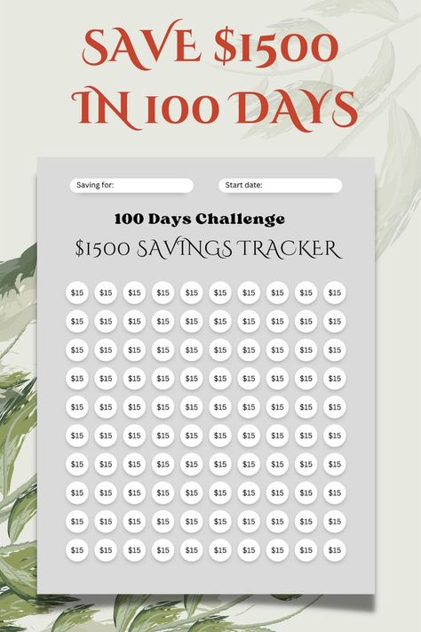 Printable $1500 savings tracker. Complete this tracker in 100 days. Challenge Tracker, 100 Day Challenge, Sinking Funds, Money Challenge, Money Save, Budget Tracker, Dave Ramsey, Savings Tracker, Savings Challenge