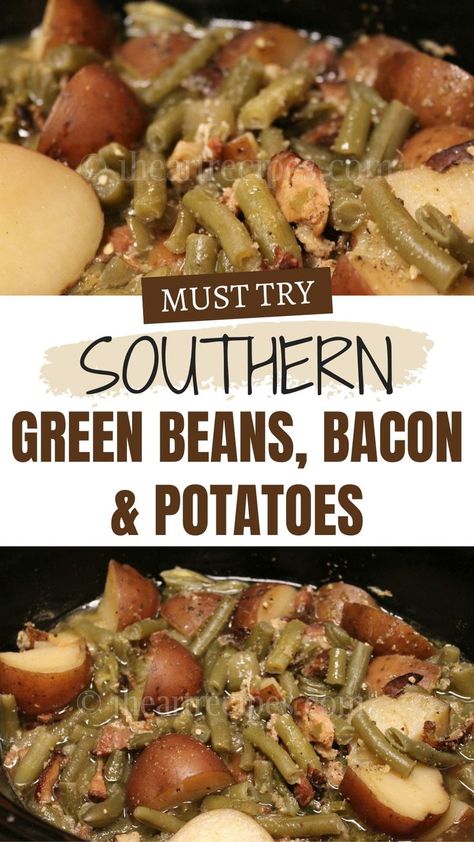 How to make southern soul food style green beans, bacon, and potatoes in the slow cooker! Southern-style green beans with bacon and potatoes are a perfect side dish, cooked to tender perfection with the perfect seasoning. Serve with fried chicken and cornbread for a comforting meal. Chicken And Cornbread, Southern Green Bean Recipes, Green Beans Bacon, Bacon And Potatoes, Southern Soul Food, Smothered Green Beans, Crockpot Green Beans, Southern Green Beans, Slow Cooker Green Beans