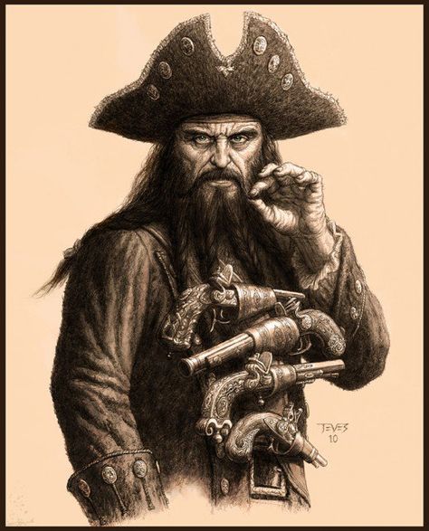 Captain Blackbeard , whose sketch bears a curious resemblance to Al Swearengen from Deadwood. ( Both characters were played by Ian McShane ;-) Pirate History, Famous Pirates, Kaptan Jack Sparrow, Pirate Tattoo, Pirate Hat, Pirate Art, Black Beards, American Colonies, Black Sails