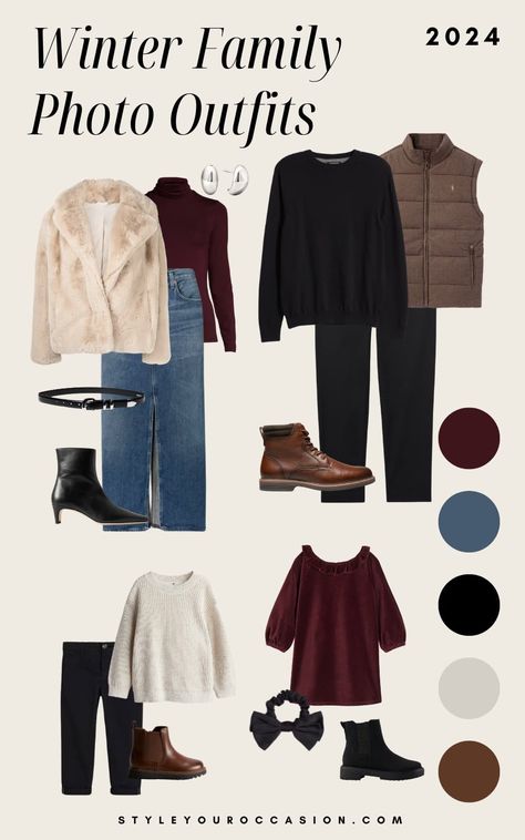 Family Pictures Palette, Winter Outfits Photoshoot Family, Extended Family Photos Winter, Winter Family Photoshoot Outfits 2024, Family Photo Ideas Winter, Holiday Family Photos Outfits, Winter Photo Color Schemes Family, Family Photo Winter Outfits, Casual Winter Family Photoshoot Outfits