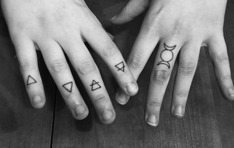 Wiccan alchemy finger tattoos Wiccan Tattoo, Witch Symbols, Finger Tattoos, Deathly Hallows Tattoo, Inspirational Tattoos, Alchemy, Triangle Tattoo, Tattoos For Women, Piercings