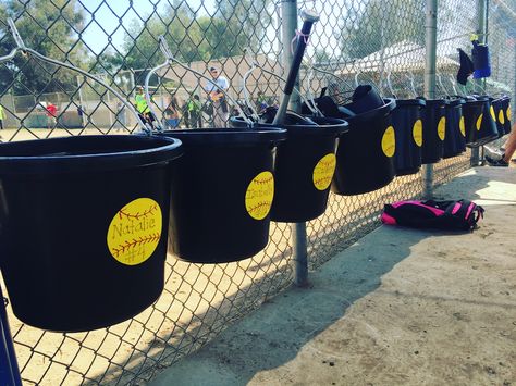 Softball dugout buckets Baseball Buckets For Dugout, Dugout Buckets, Dugout Mom, Dugout Organization, Softball Dugout, Softball Team Mom, Girls Softball Shirts, Clemson Baseball, Team Mom Baseball