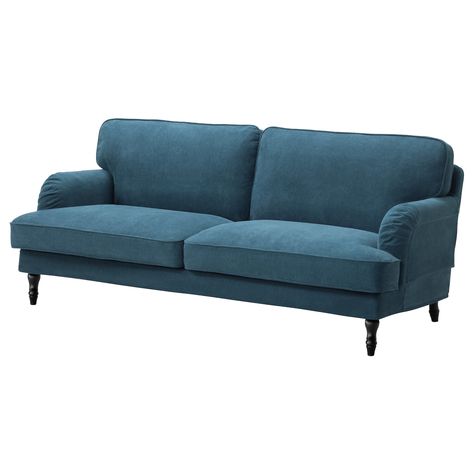 IKEA - STOCKSUND, 3-seat sofa, Tallmyra blue, black/wood, You get extra soft comfort and support because the thick cushion has a core of pocket springs and a top of cut foam and polyester fibres. The wider seat angle makes the sofa feel deeper and you sit more comfortably. Ikea Blue Sofa, Stocksund Sofa, Sofa Ikea, Ikea Stocksund, Ikea Sofa Covers, Italian House, Ikea Sofa, Three Seat Sofa, Sofa Legs