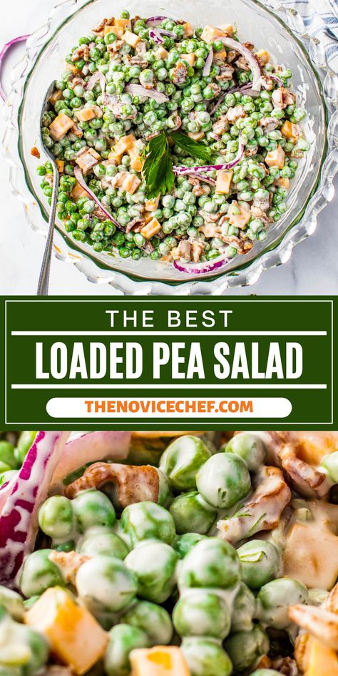 This creamy Loaded Pea Salad with bacon and cheddar cheese is served chilled and bursting with fresh flavor! It's the perfect summer potluck dish that everyone loves! Creamy Pea Salad, Summer Potluck Dishes, Bacon Pea Salad, Pea Salad With Bacon, Simple Side Salad, Green Pea Salad, Summer Potluck Recipes, Perfect Salad Recipe, Easter Salad