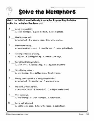 Solve the Metaphors Metaphor Activities, Figurative Language Worksheet, 5th Grade Worksheets, Similes And Metaphors, English Worksheet, Language Worksheets, Comprehension Worksheets, Reading Comprehension Worksheets, Figurative Language