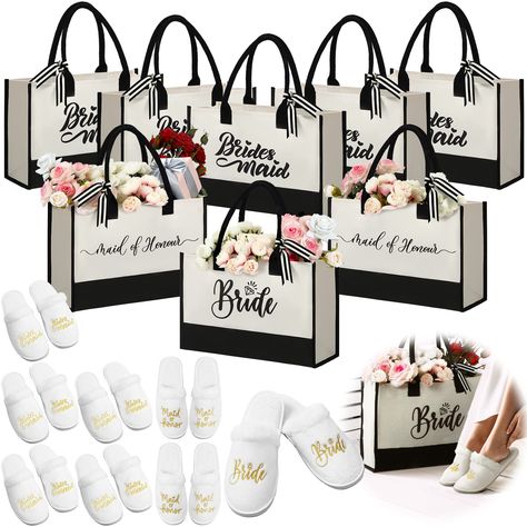 PRICES MAY VARY. Ideal Bridesmaid Gifts: you will receive 8 pairs of wedding slippers and 8 bridesmaid bags, including 1 pair of bride slipper, 2 pairs of maid of honor slippers, 5 pairs of bridesmaid slippers, 1 bride tote bag, 2 maid of honor tote bags, 5 bridesmaid tote bags, ideal for getting ready for your wedding day Reliable and Comfortable Material: wedding day slippers are made of quality coral fleece with embroidery process and EVA soles, bridal party slippers are pliable, breathable a Bridesmaid Slippers, Bride Slippers, Bride Tote, Bridesmaid Tote Bags, Maid Of Honor Gift, Bridesmaid Gift Bags, Wedding Slippers, Bridesmaid Bags, Future Wedding Plans